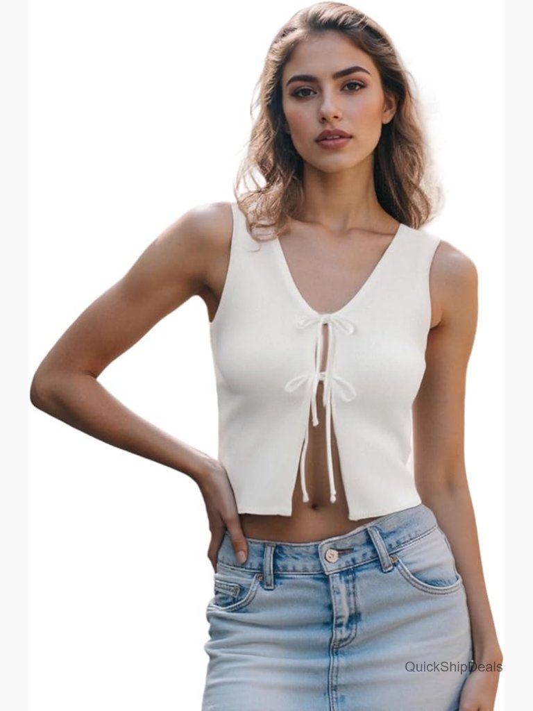 Crochet Knit Tank Top Sleeveless V-Neck Open Front Button Vest Crop Top